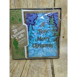 Vtg Blue Retro Christmas Trees Twinkle Lights Holiday Cards (su2)
